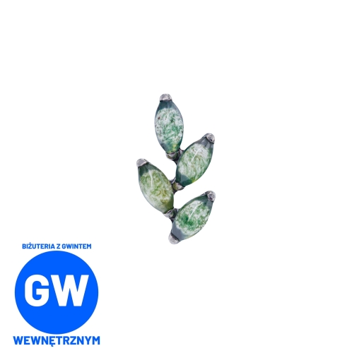 Agat mszysty - gałązka - tytanowy labret ozdobny. Imitacja naturalnego kamienia Moss Agate. Kompozycja na sztucznym uchu, dużo kolczyków. Piercing ucha helix flat lobe tragus conch upper lobe. roślinny motyw roślina roślinka