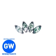 Agat mszysty - gałązka łezka listek zagięty cluster  - tytanowy labret ozdobny. Imitacja naturalnego kamienia Moss Agate. Kompozycja na sztucznym uchu, dużo kolczyków. Piercing ucha helix flat lobe tragus conch upper lobe.