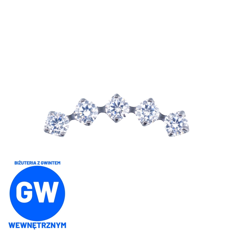 Cluster z 5 kryształami w tytanowej oprawie. Zagięty kolczyk do piercingu ucha -  helix, conch, flat