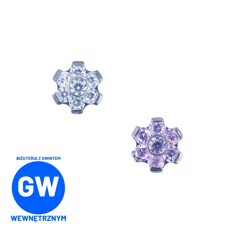 Kryształowy kwiatek biały / różowy - tytanowy ozdobny labret