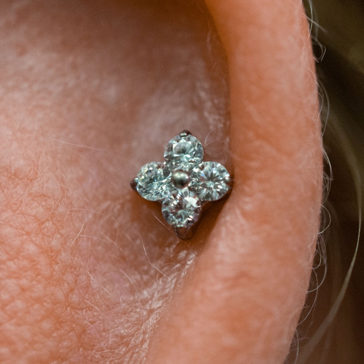 Kwiatek z 4 kryształowymi płatkami - tytanowy ozdobny labret L255