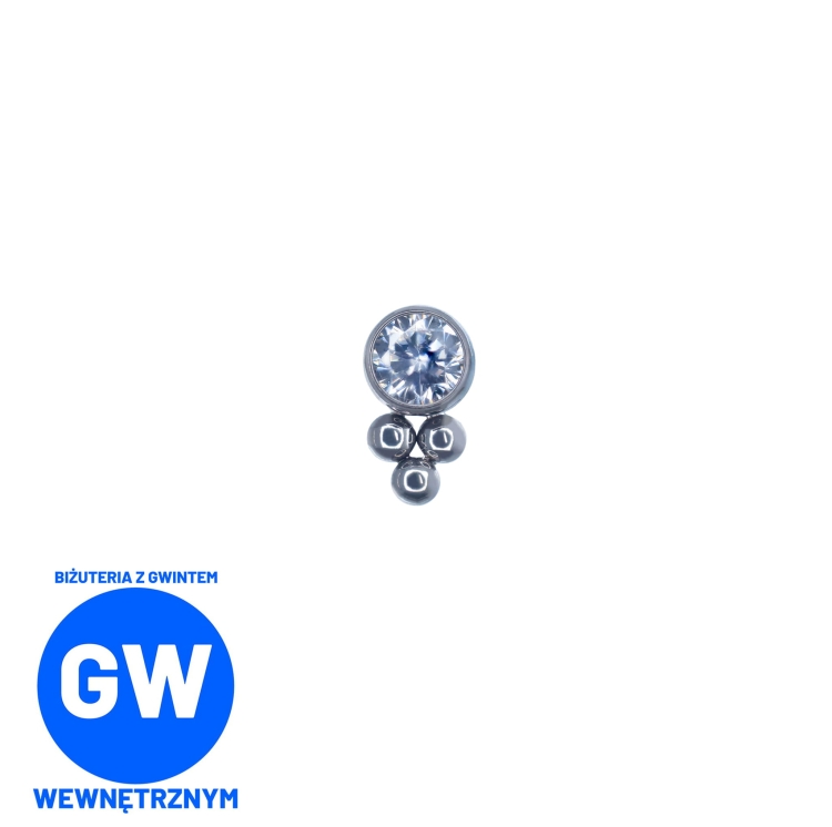 Kryształ z 3 kuleczkami złoty - tytanowy labret. Kolczyk do piercingu ucha tragus, nosa, wargi. L023jpg