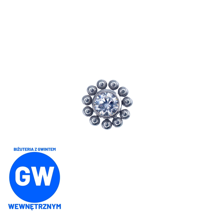 Kryształ otoczony kulkami tworząc kwiat - tytanowy labret. Kolczyk do piercingu ucha - helix, lobe, flat, tragus, conch L024.jpg