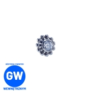 Kryształ otoczony kulkami tworząc kwiat - tytanowy labret. Kolczyk do piercingu ucha - helix, lobe, flat, tragus, conch L024.jpg