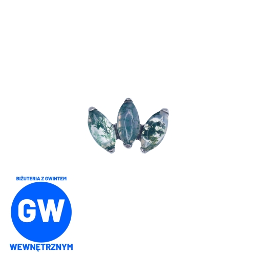 Agat mszysty - korona listki - tytanowy labret ozdobny. Imitacja naturalnego kamienia Moss Agate. Kompozycja na sztucznym uchu, dużo kolczyków. Piercing ucha helix flat lobe tragus conch upper lobe L142.jpg