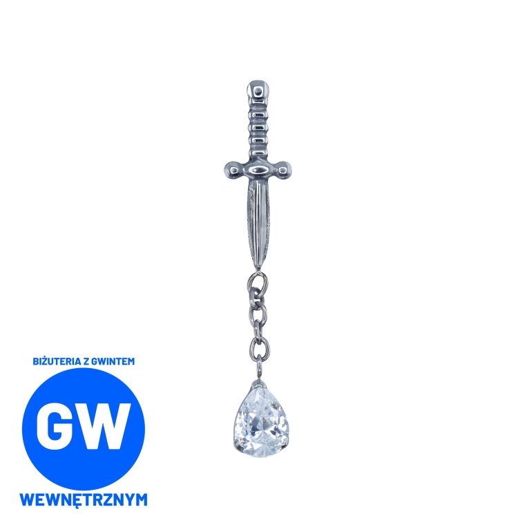 Miecz z wiszącą cyrkonią łezką - tytanowy ozdobny labret L285.jpg