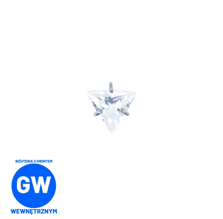 Kryształowy trójkąt w szponach - tytanowy ozdobny labret. Kolczyk kryształ do piercingu ucha - lobe, tragus, forward helix, conch, flat. Biały.jpg