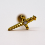 Sztylet z kryształem - tytanowy ozdobny labret. Kolczyk do piercingu stylizacji ucha. Biżuteria do przekłucia conch flat helix lobe złoty